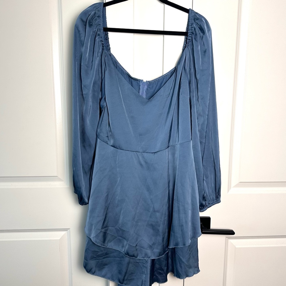 Cider Romper 3XL - Satin Feel Blue Tie Waist Romper- Going Out, Party, Rush